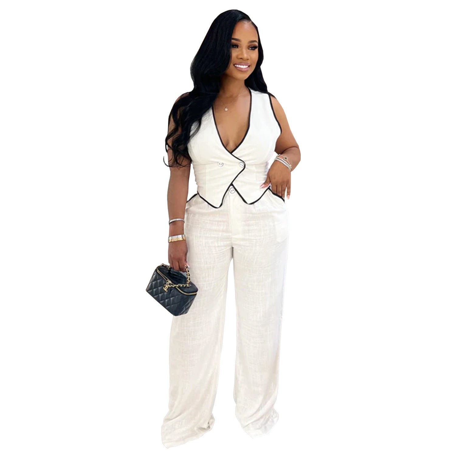Women casual v-neck button top and trousers two-piece suit 11
