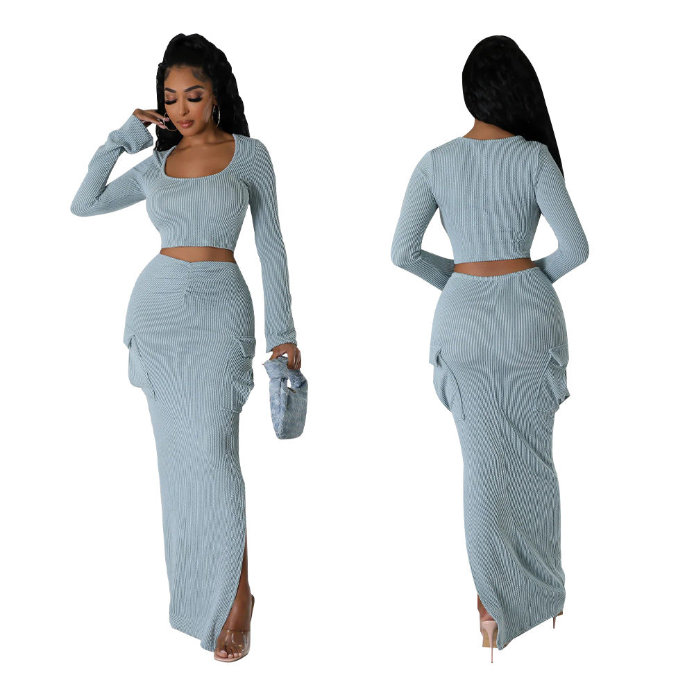 Fashionable Women's Ribbed Printed Long Sleeve Side Pockets Slit Two Piece Skirt Set