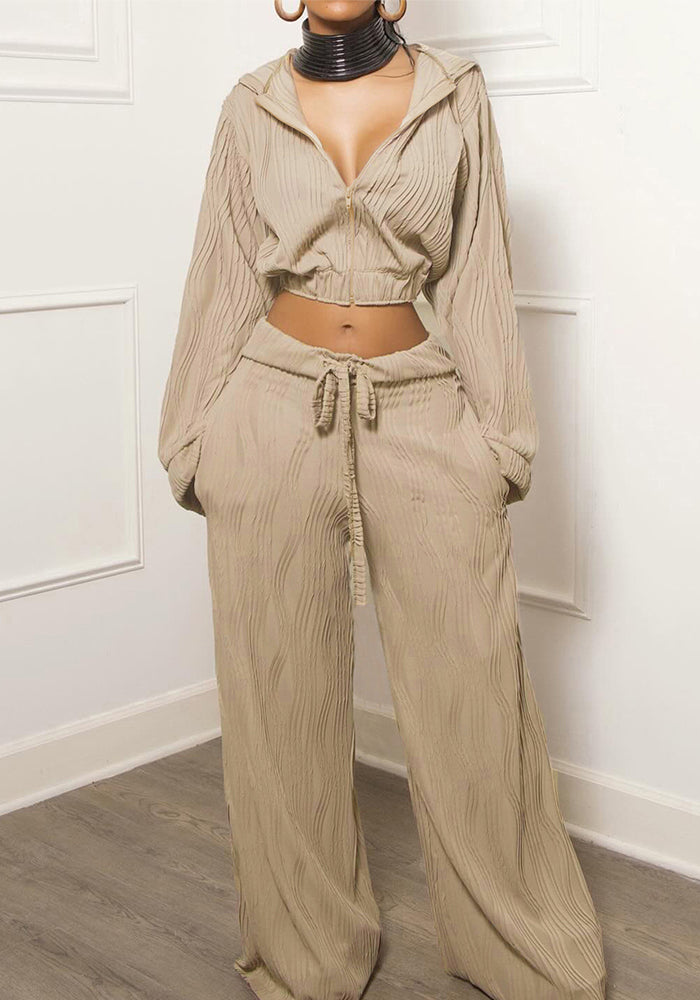 Women's Autumn Winter Casual Long Sleeve Zipper Hoodies Wide Leg Pants Two Piece Set