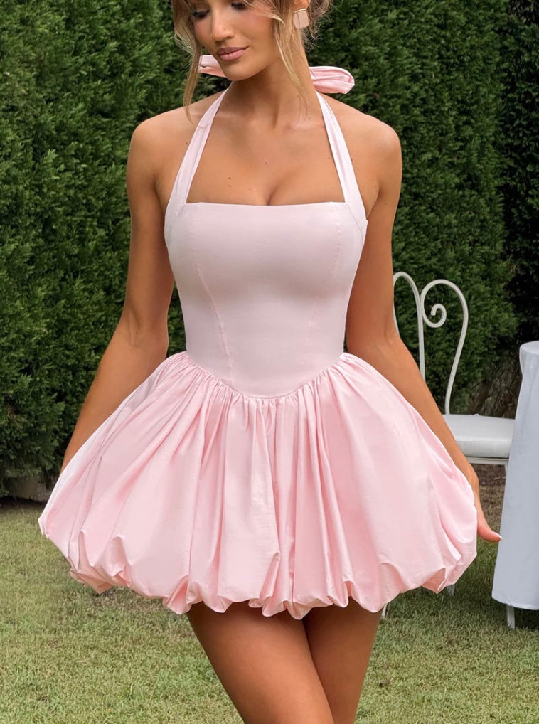 Women Summer Halter Neck Tie-Drawn Bow Puffy Dress