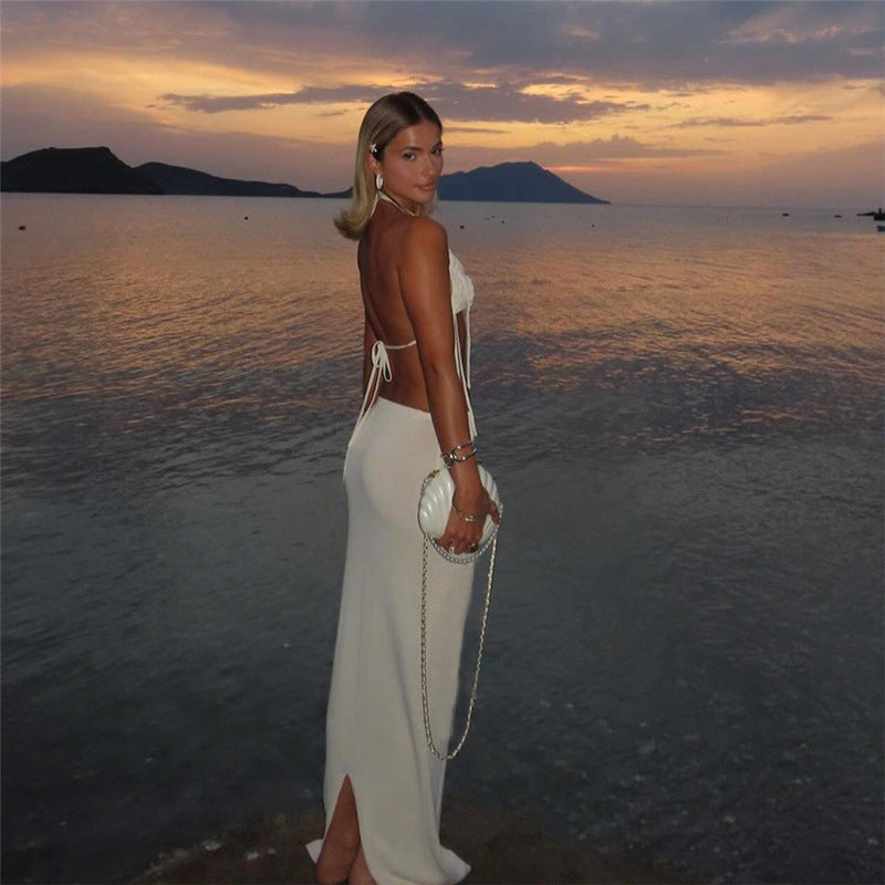 Women summer Chic sexy knitting sleeveless Halter Neck Crop Top and Bodycon Skirt two-piece set 4