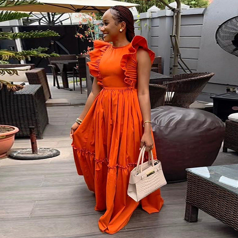 Women Summer Chic Ruffle Short Sleeve Round Neck Maxi Dress 4