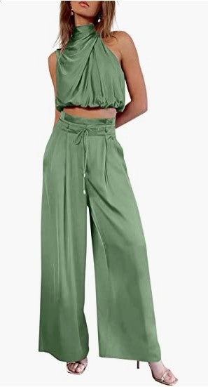 Women Summer Casual Sleeveless Crop Top Wide-leg Pants Two Piece Set 6
