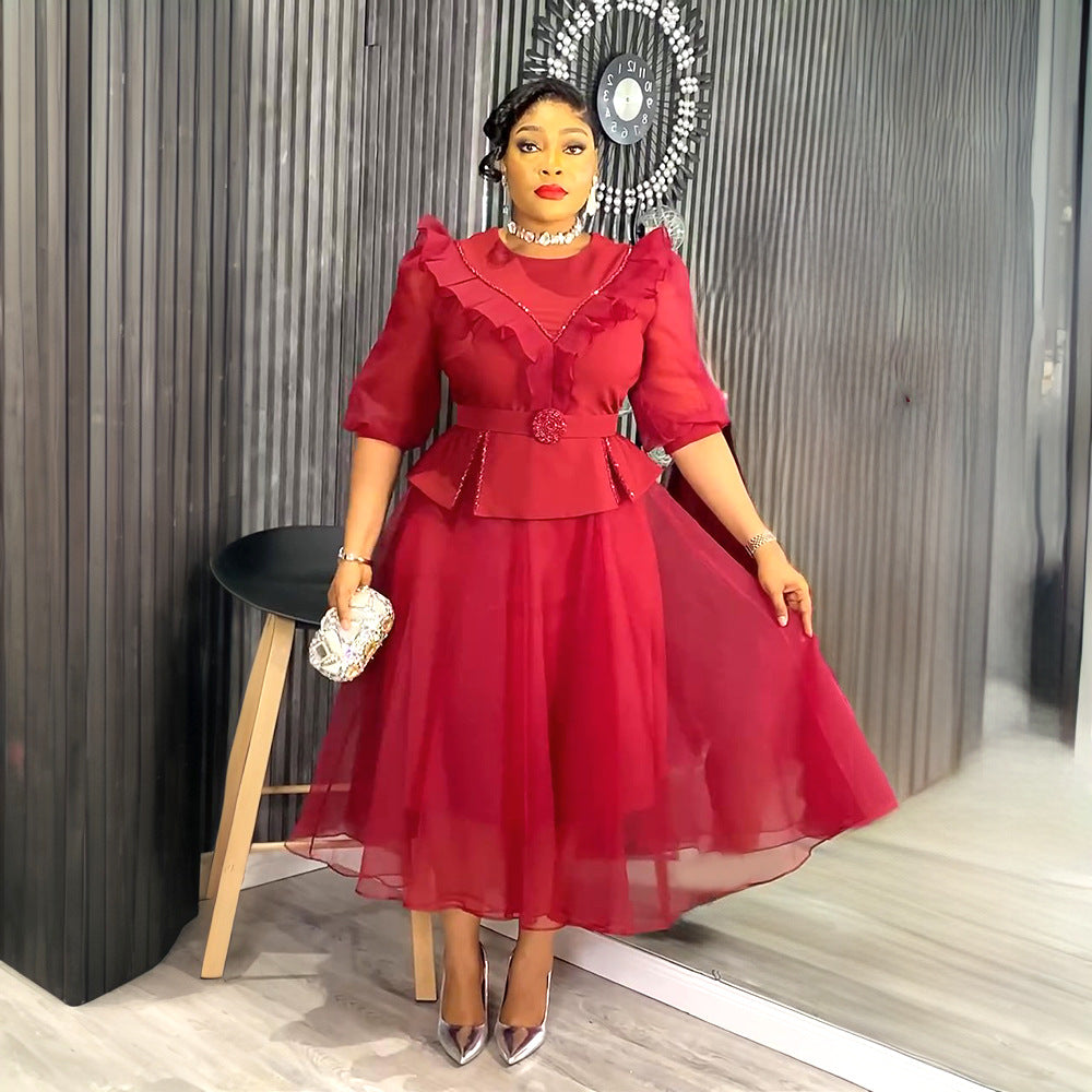 Plus-Size African Women Career Elegant Dress with Belt 3