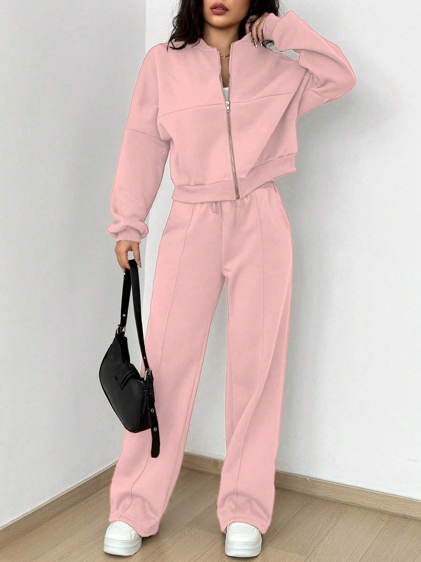 Spring autumn two-piece trendy solid color zipper long sleeve loose top elastic sweatpants two-piece set 23