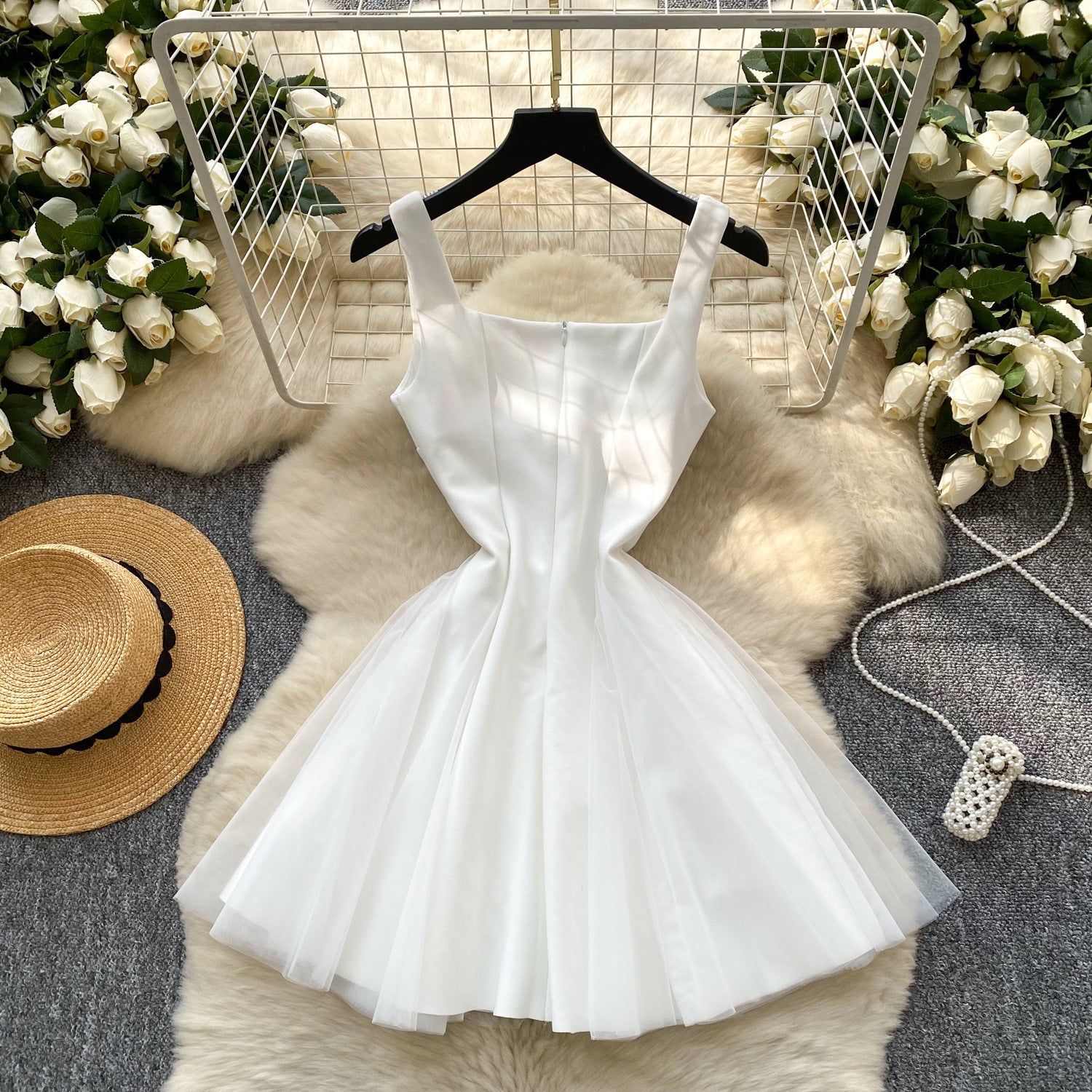 Women's Summer Square Neck Strap Mesh Patchwork Puffy Long Dress 9