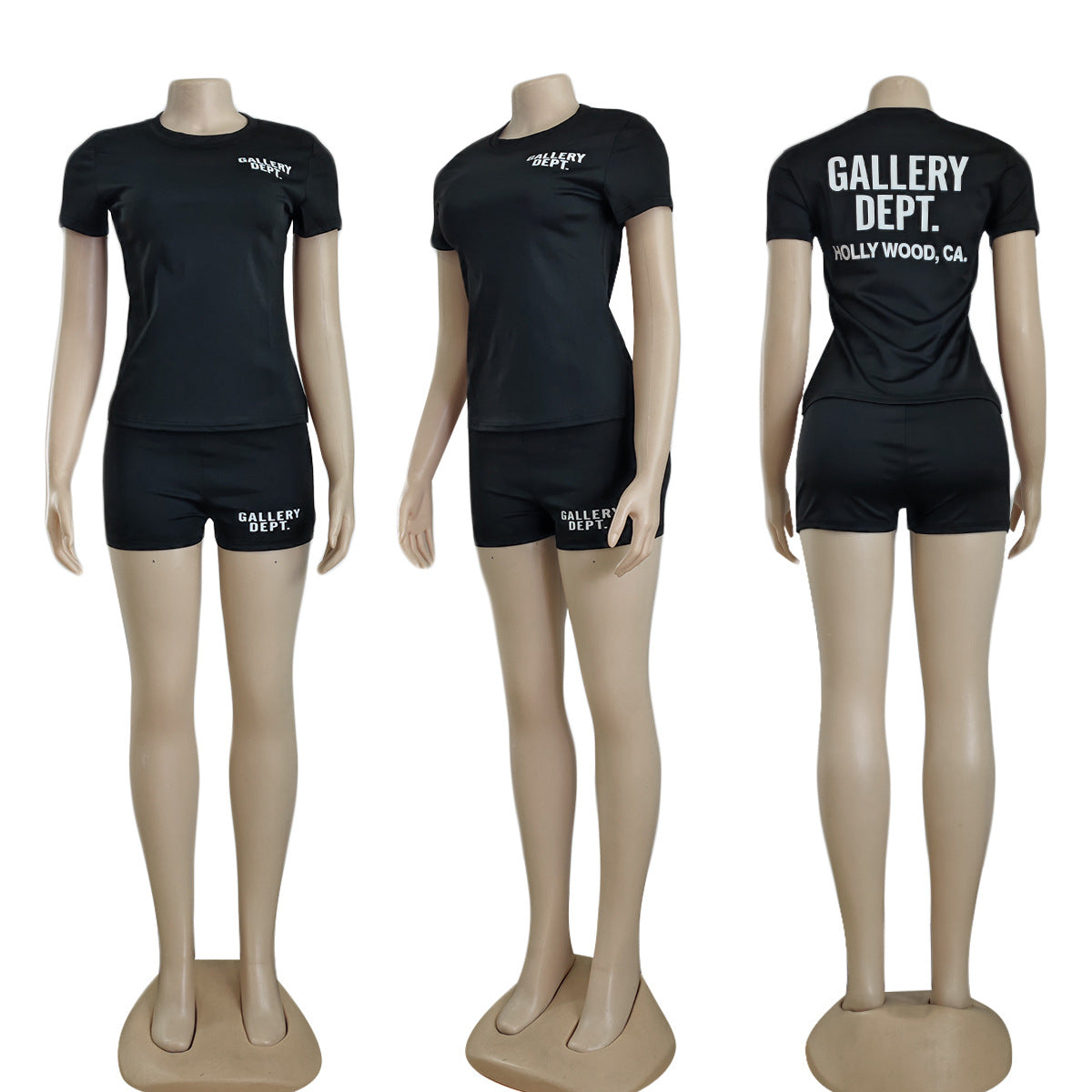 Women Clothing Summer Black Print Round Neck Short Sleeve Top and Shorts Two-Piece Set 6