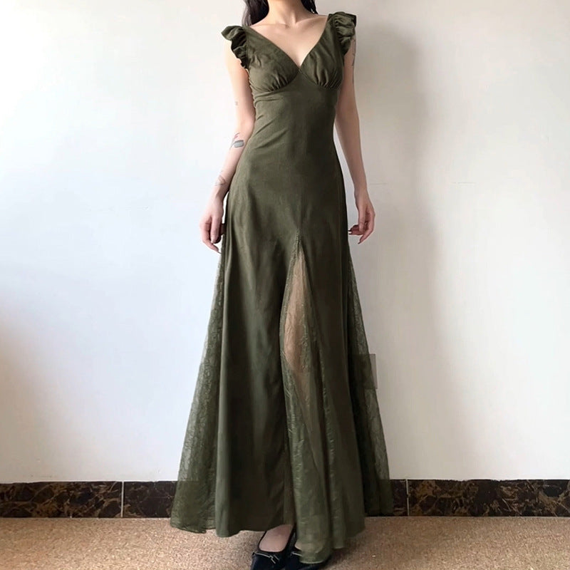 Vintage Olive Green Ruffled Patchwork Flying Sleeve Dress Chic V-Neck Slim Waist  A-Line Long Dress 5