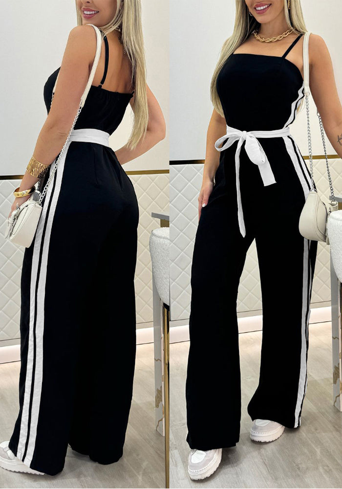 Women's black side stripes Belt Slim Waist straps Jumpsuit