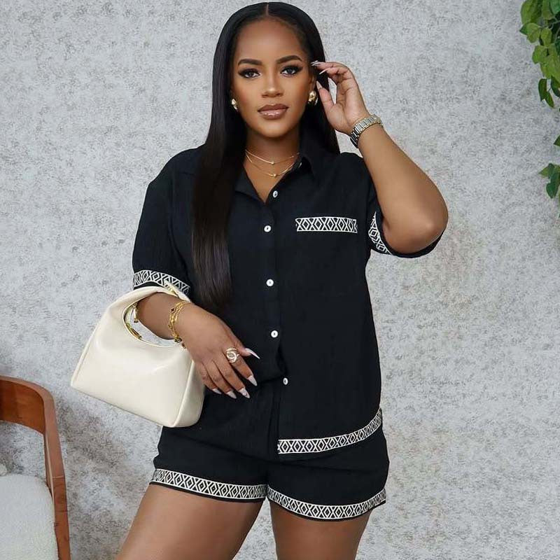 African Women's Summer Contrast Color Turndown Collar Short Sleeve Shirt & Shorts Casual Two-Piece Set 4