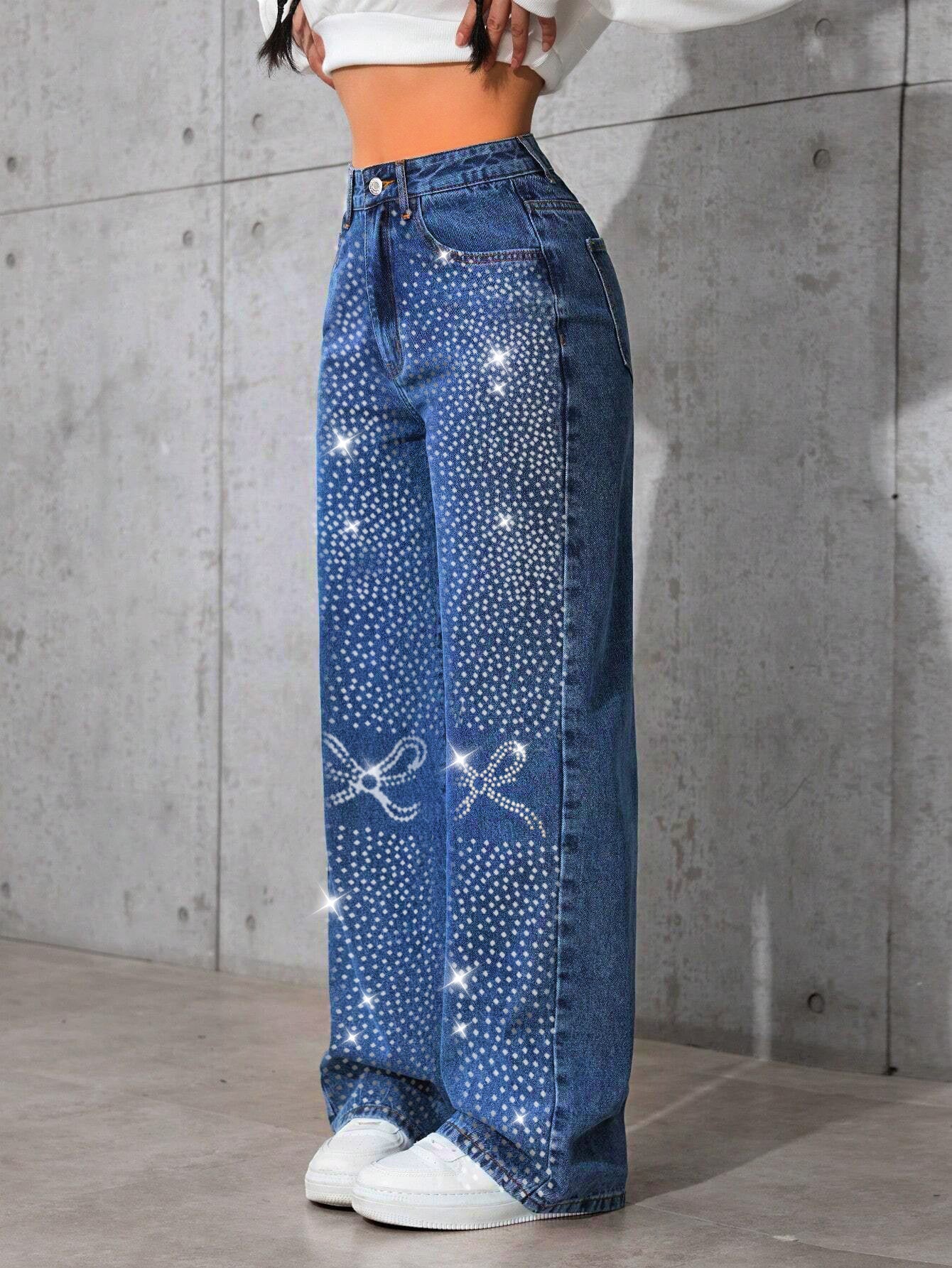 Women American Retro Blue Denim Beaded Butterfly Pants 5