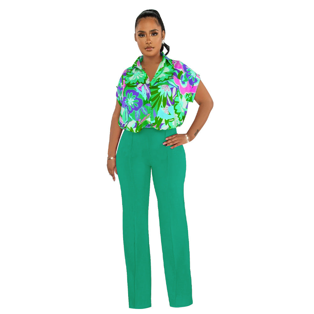 Women's Fashion Summer Printed Shirt Straight Leg Pants Suit For Women 9