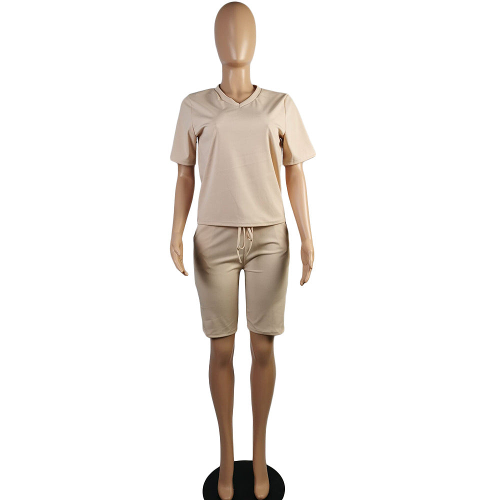 Women Clothing Solid V-Neck Tshirt+Pocket Shorts Two-Piece Set 27