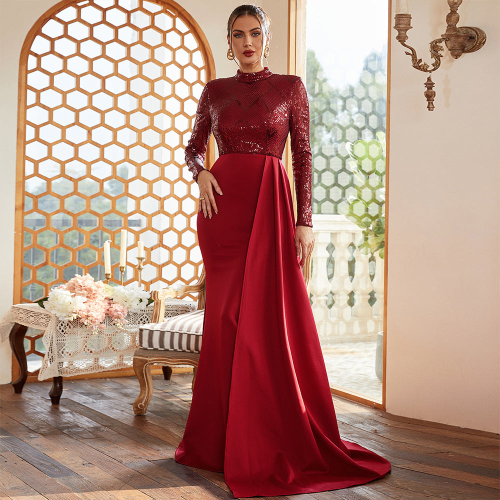 Chic Sexy Sequined Long Sleeve Round Neck Formal Party Evening Dress Bridesmaid Gown 5