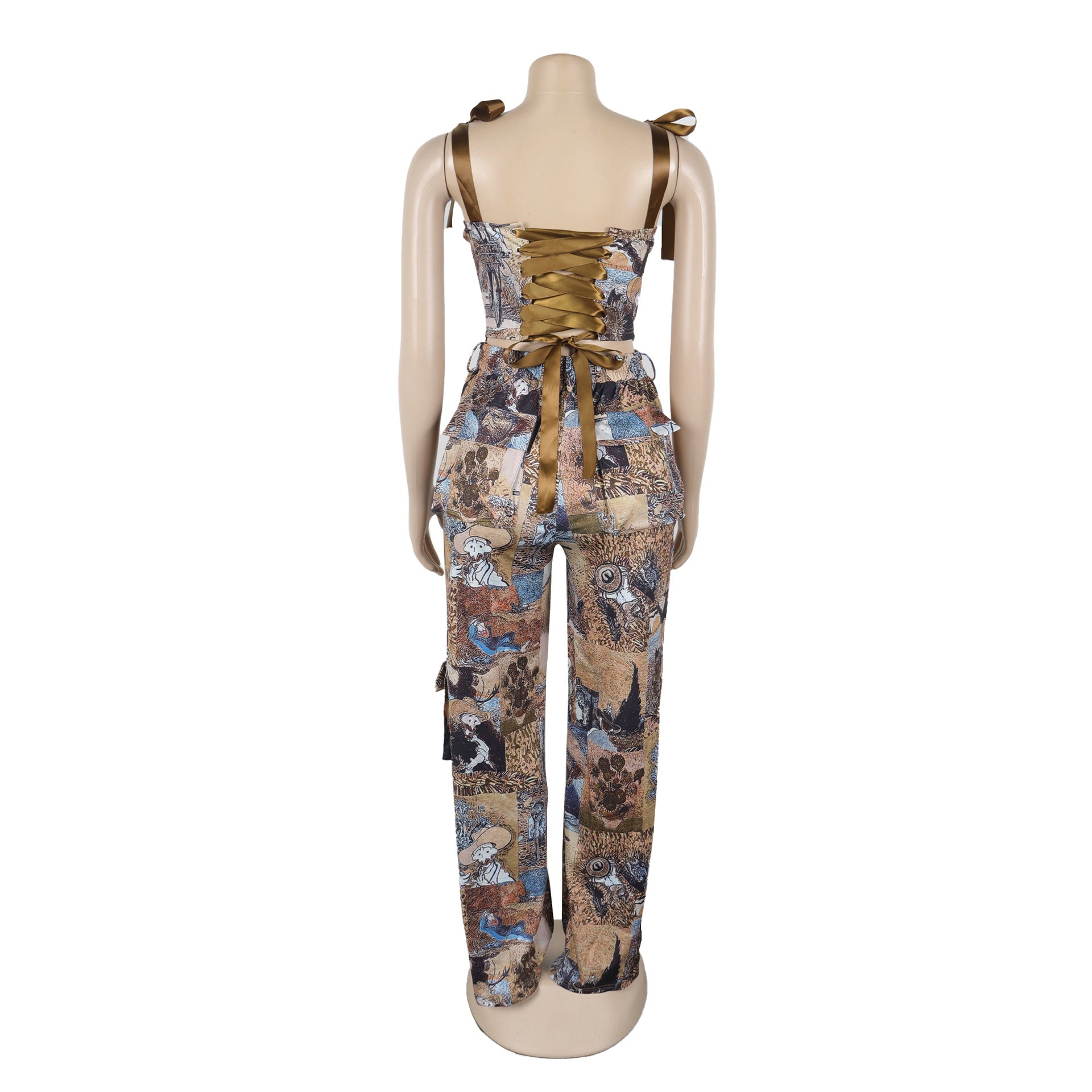 Printed Lace-Up Drawstring Multi-Pocket Two Piece Pants Set 18