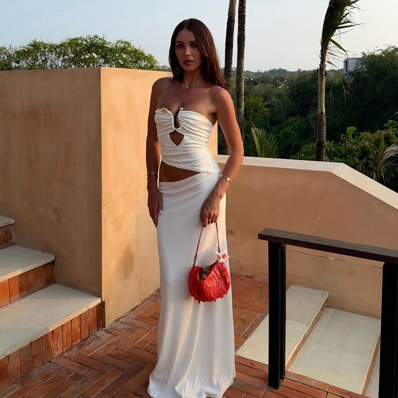 Women sexy Strapless Patchwork steel ring Bodycon Maxi Dress 3