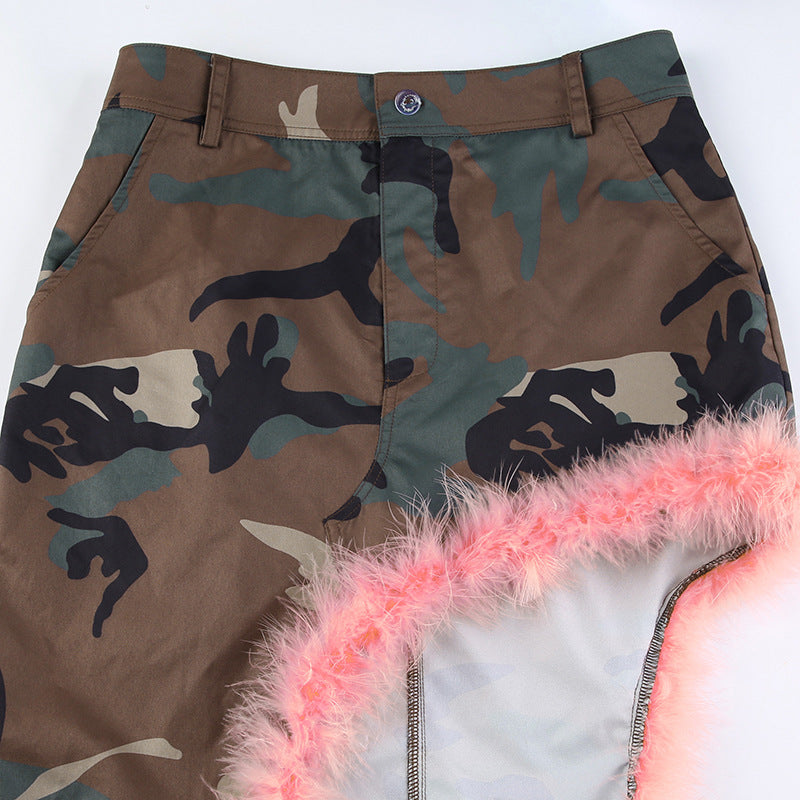 Women camouflage pink fur patchwork bevel irregular skirt 7