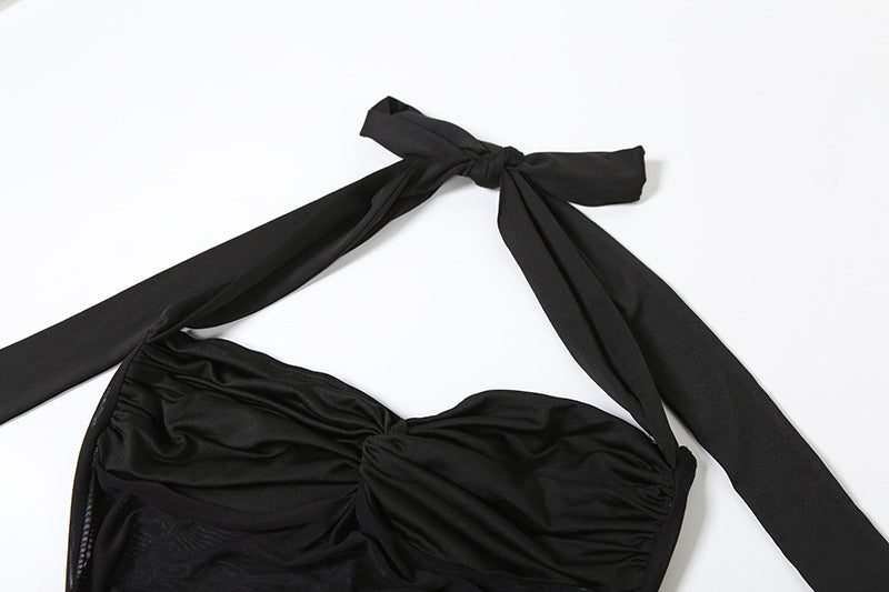 Women Halter Neck Lace Solid Mesh See-Through Sexy Ribbon Maxi Dress 9