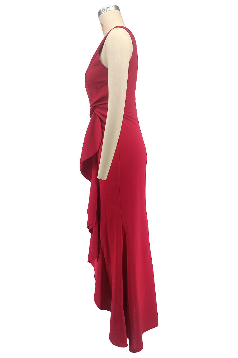 Women V-Neck Sleeveless Elegant Ruffle Slit Maxi Evening Dress 6