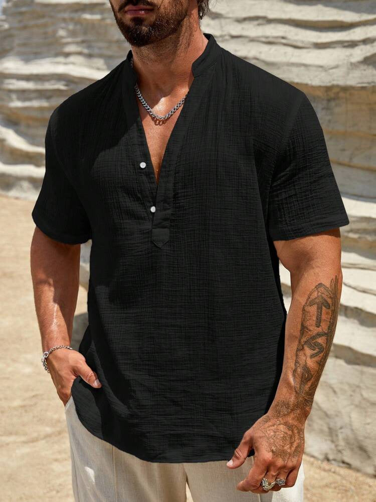 Men's Solid Stand Collar Short-Sleeve Fashion Shirt