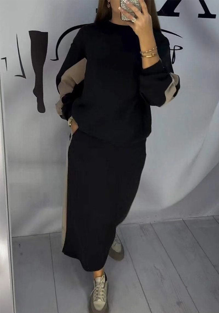 Autumn Fashion Color Matching Loose Casual Top Split Mid-Length Skirt Set For Women