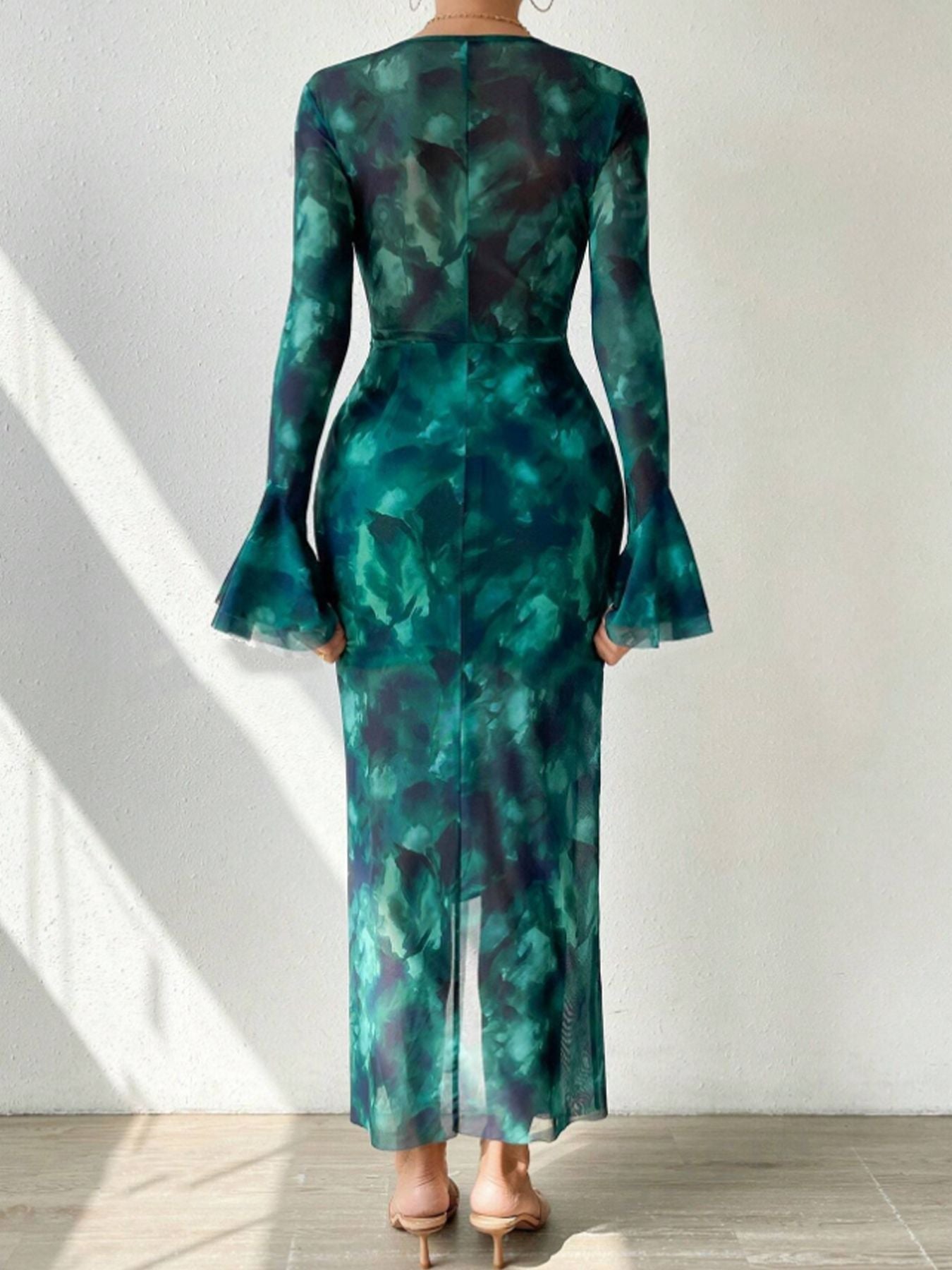 Long-Sleeve Slit Floral Bell-Sleeve V-Neck Lace-Up Maxi Dress 3