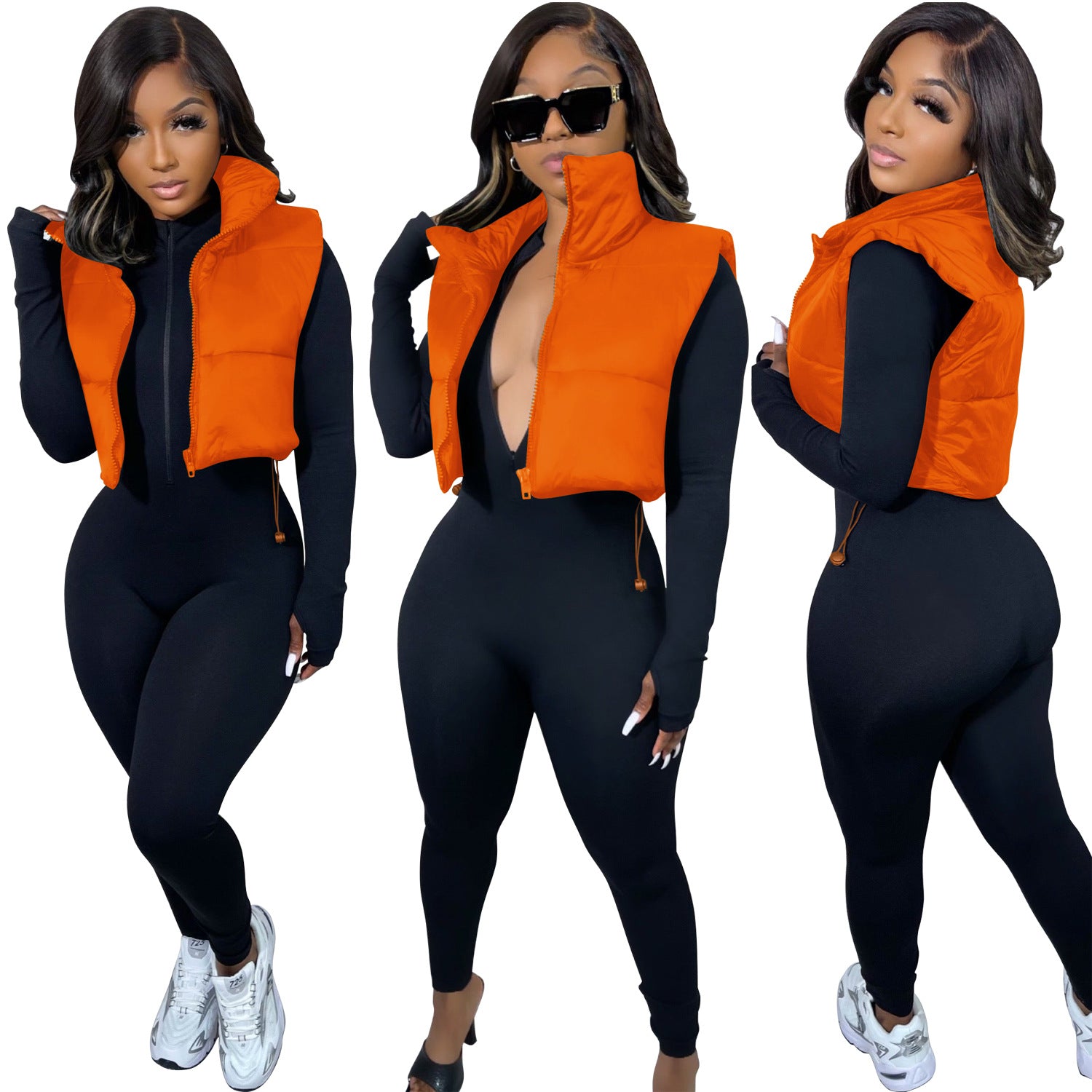 Women Solid Turn Down Collar Padded Vest 18