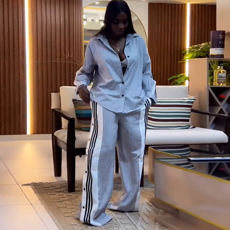 Women summer Turndown Collar striped long-sleeved shirt wide-leg pants Casual two-piece set 5