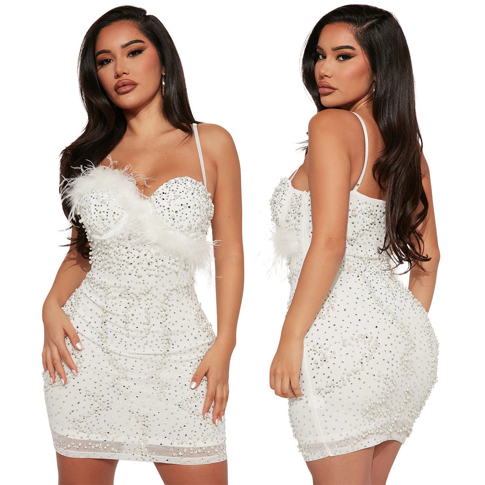 Sexy Strap Patchwork Plush Christmas Party Beaded Dress 6
