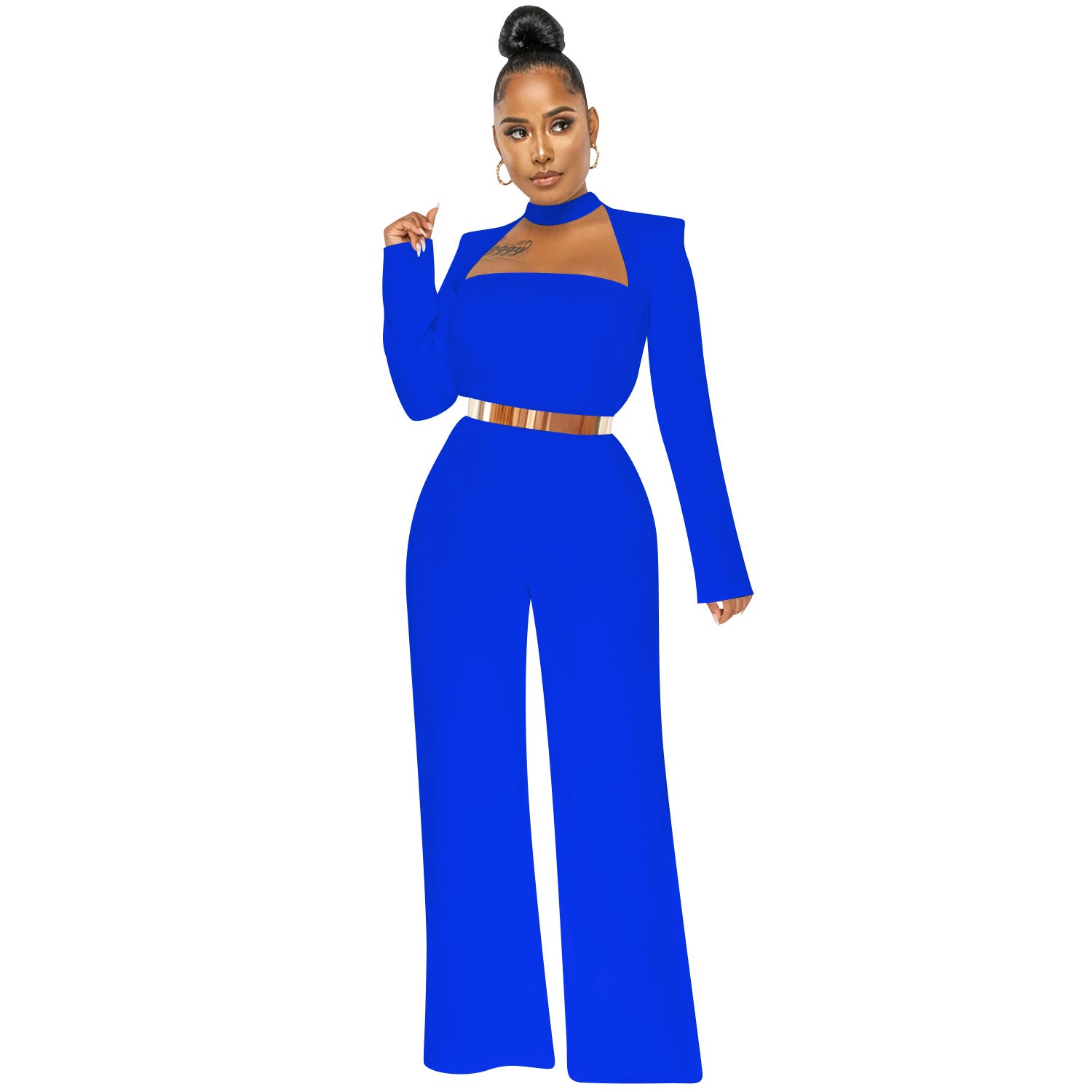 Women Fashion Solid Color Long Sleeve Wide Leg Pants Jumpsuit 3