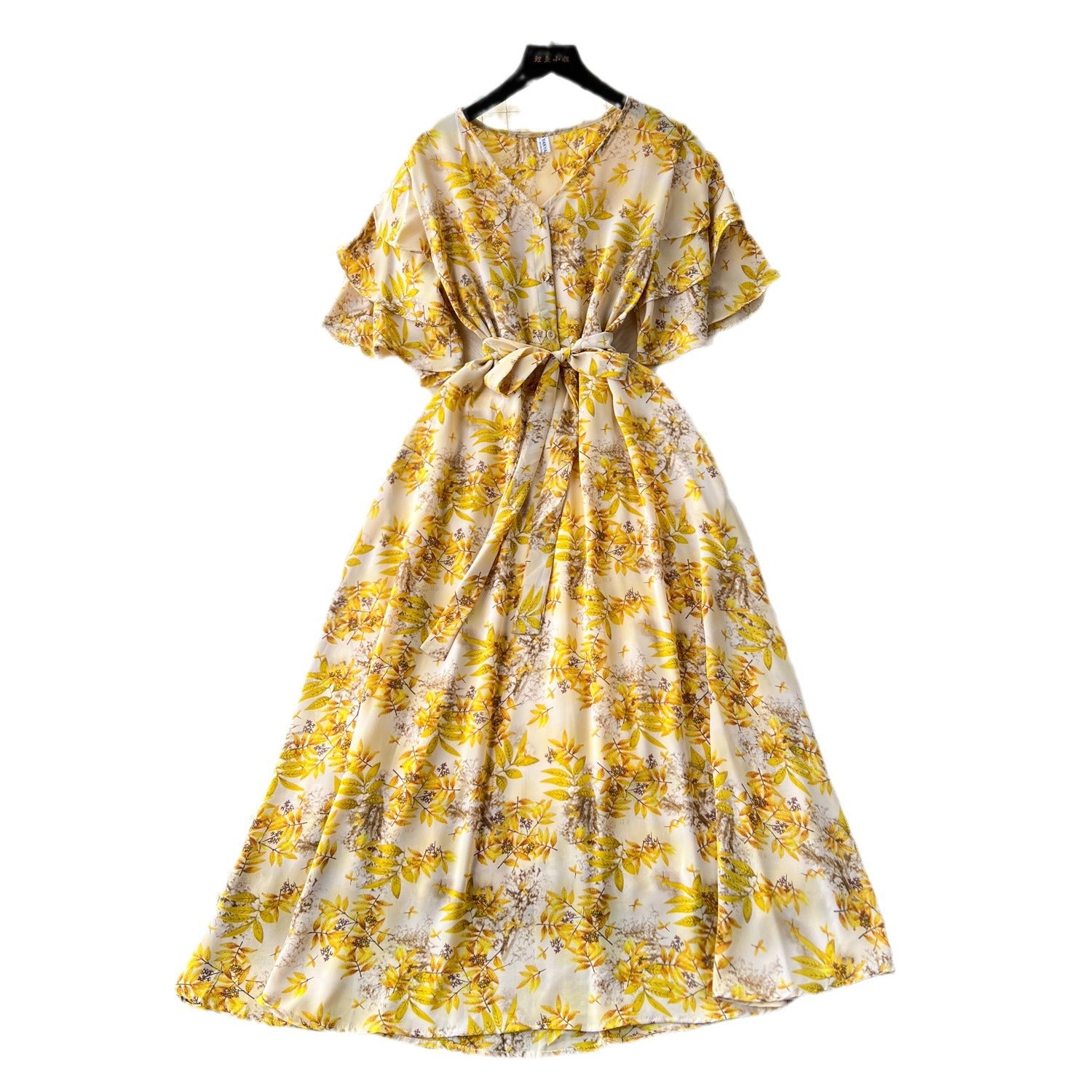 V-Neck Bell Sleeve Tie Waist A-Line Floral Dress 14