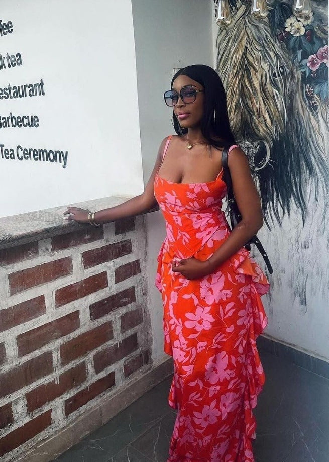 Women sexy suspender backless print dress 7