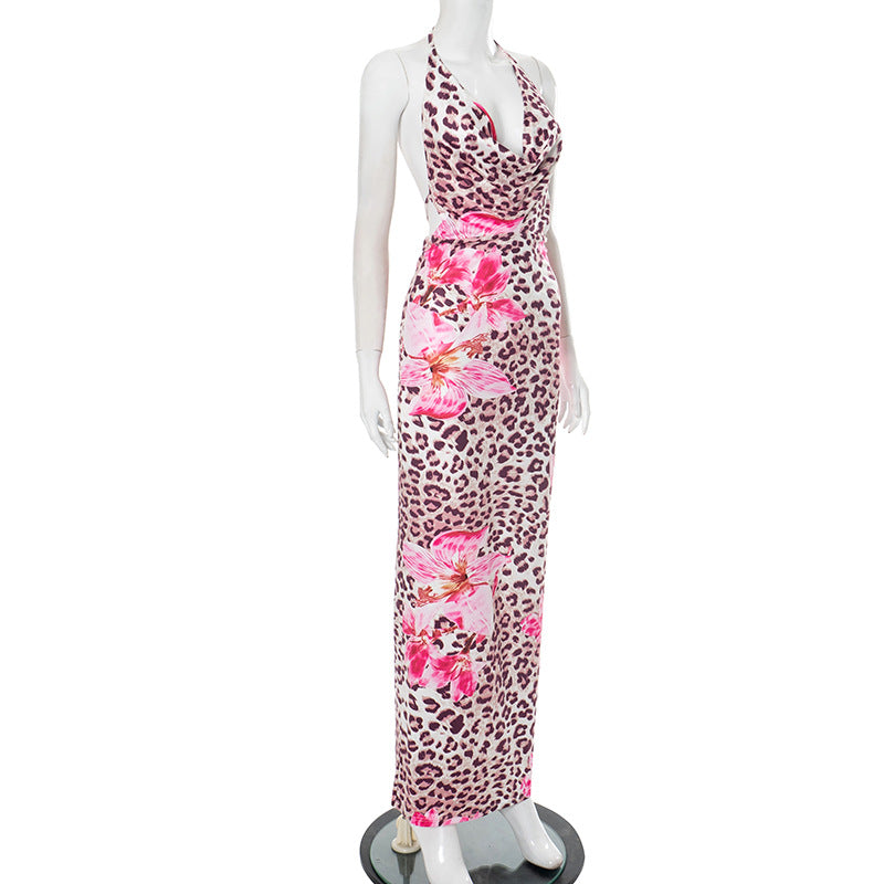 Women's Chic Flower Leopard Print V-neck Low Back Slim Long Dress 6
