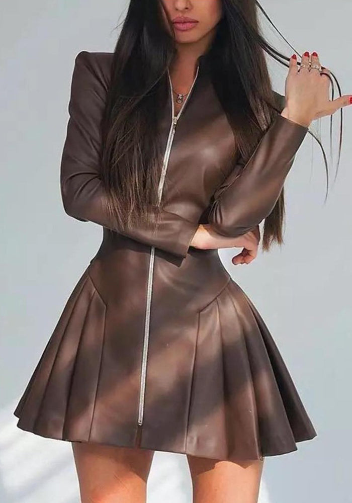 Women's Fashion Slim Fit Long Sleeve Zipper Pleated Pu Leather Dress