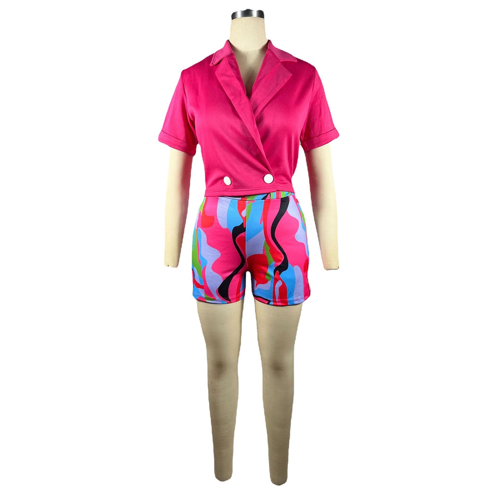 Women's Stiff Double Breasted Blazer Short Sleeve Top Print Short Set Two-Piece 12