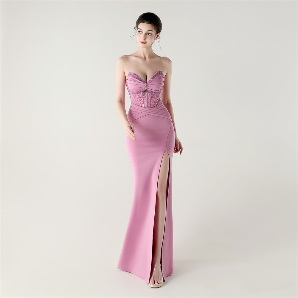 Women herringbone Lace-Up wrapped chest pleated hollow Formal Party evening dress 21