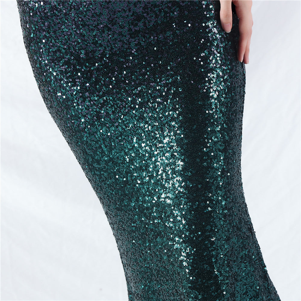 Elegant V-Neck Short Lseeve Sequins Mermaid Plus Size Formal Party Evening Dress 26