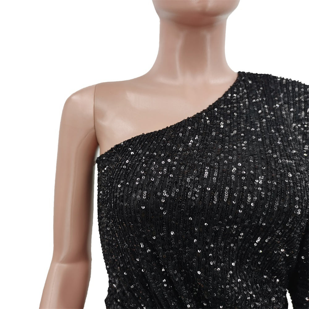Solid Sequin Slash Shoulder Sexy Women'S Irrgular Party Dress 9