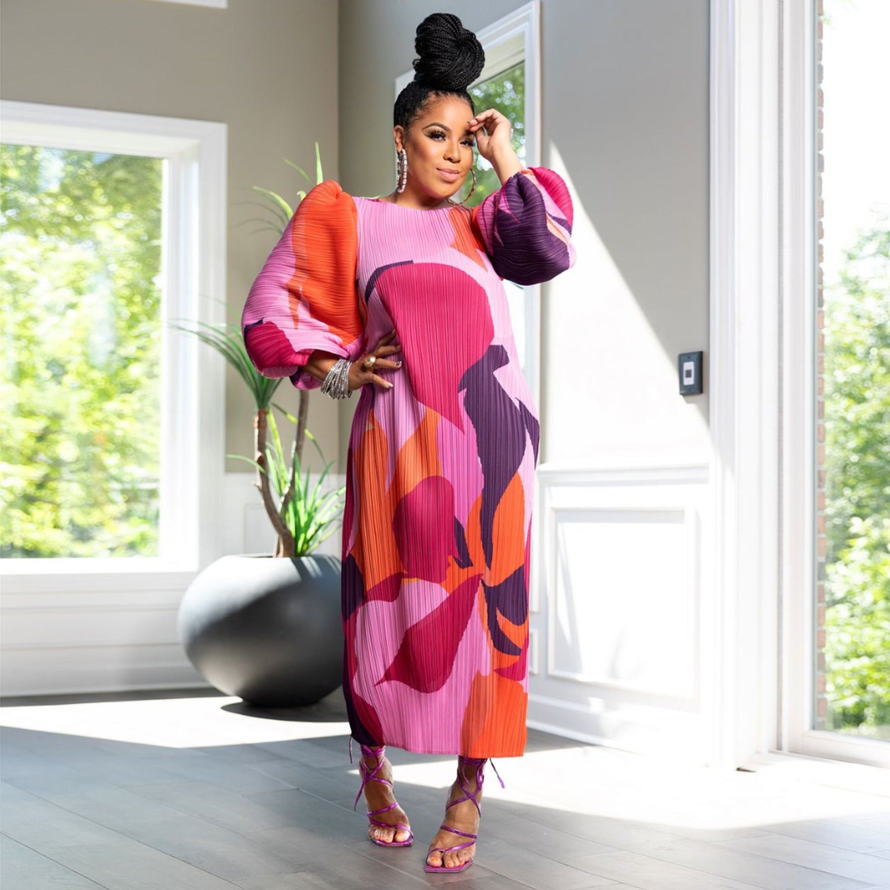 Women Lantern Sleeve Pleated Dress 3