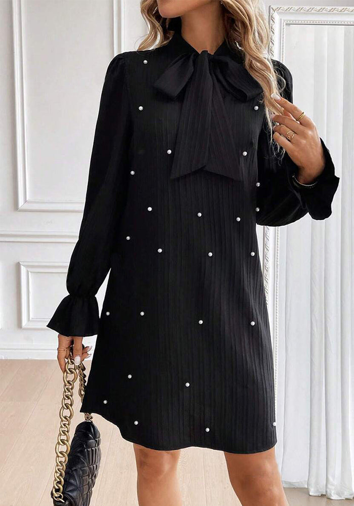 Women Bow Tie Beaded Long-Sleeved Solid Dress