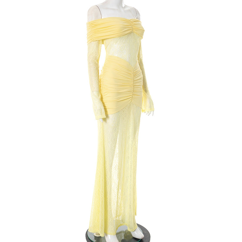 Women's Chic Lace Patchwork Off-Shoulder Slit Long Sleeve Ruffle Maxi Dress 9