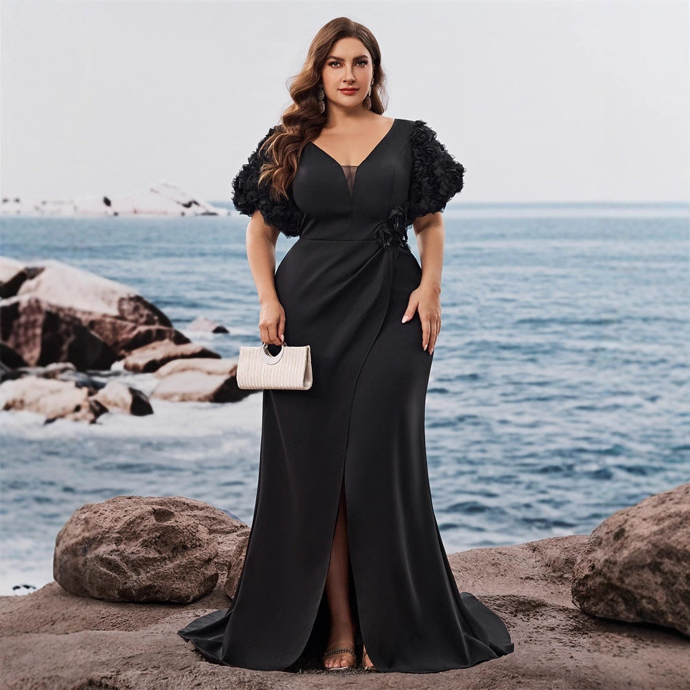 Plus Size Puff Sleeve Evening Dress Formal Party Sexy Slit Chic Mermaid Long Dress 7