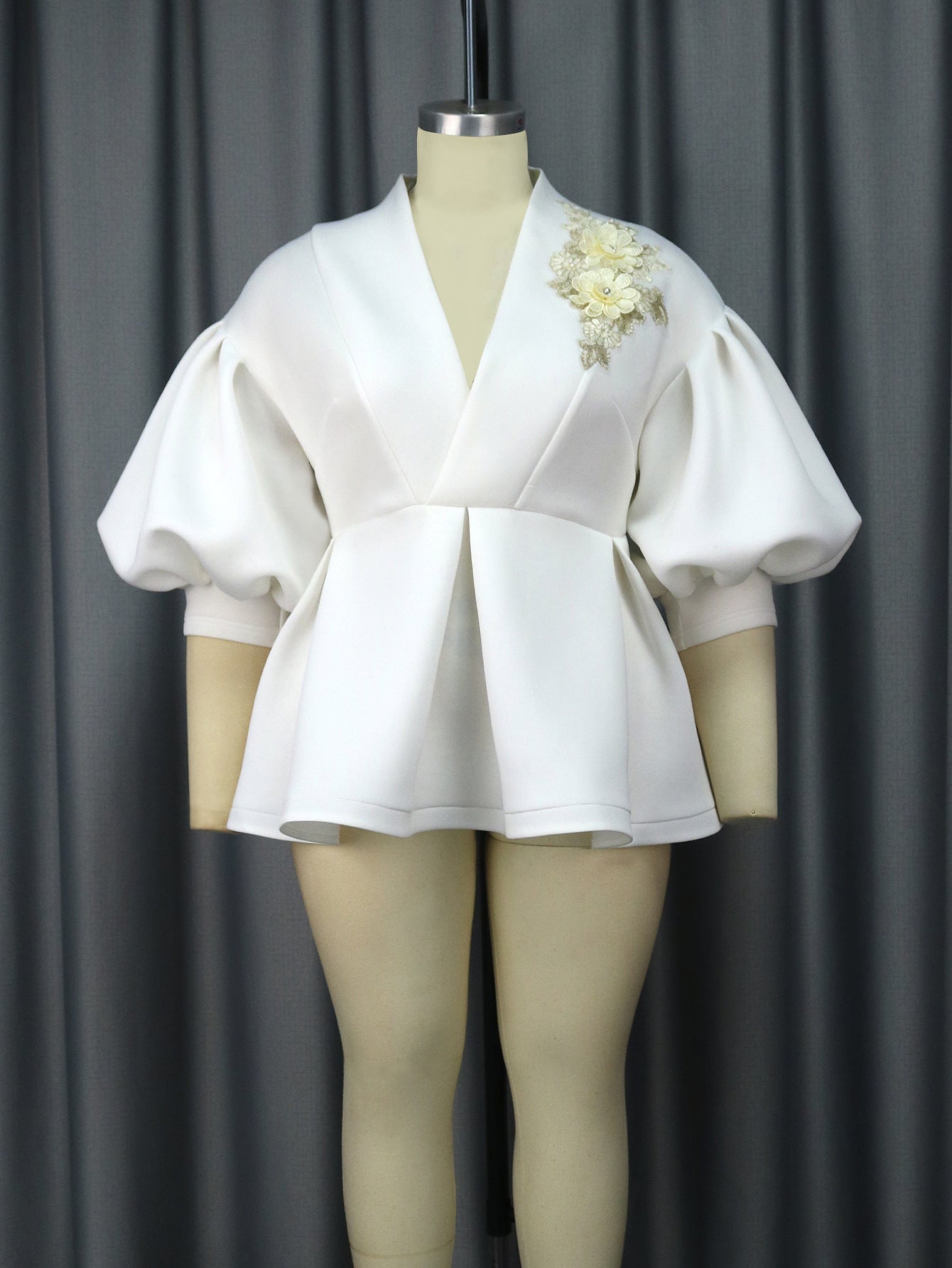 Plus Size Women Balloon Sleeves Turndown Collar Embroidered Top