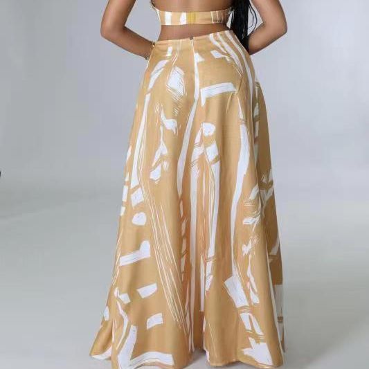 Summer Women's Back Hollow Halter Neck Evening Dress Irregular Contrast Color Sexy dress