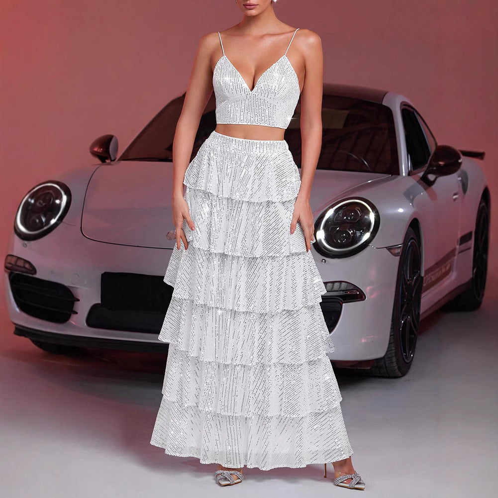 Women's Sequin Camisole Cascading Ruffles Skirt Two-Piece Set