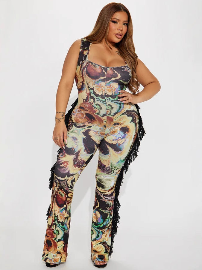 Women spring Summer sexy sling tassel lace print Jumpsuit 4