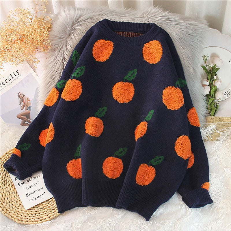 Women Fall/Winter Round Neck Sweater Fruit Jacquard Top 4