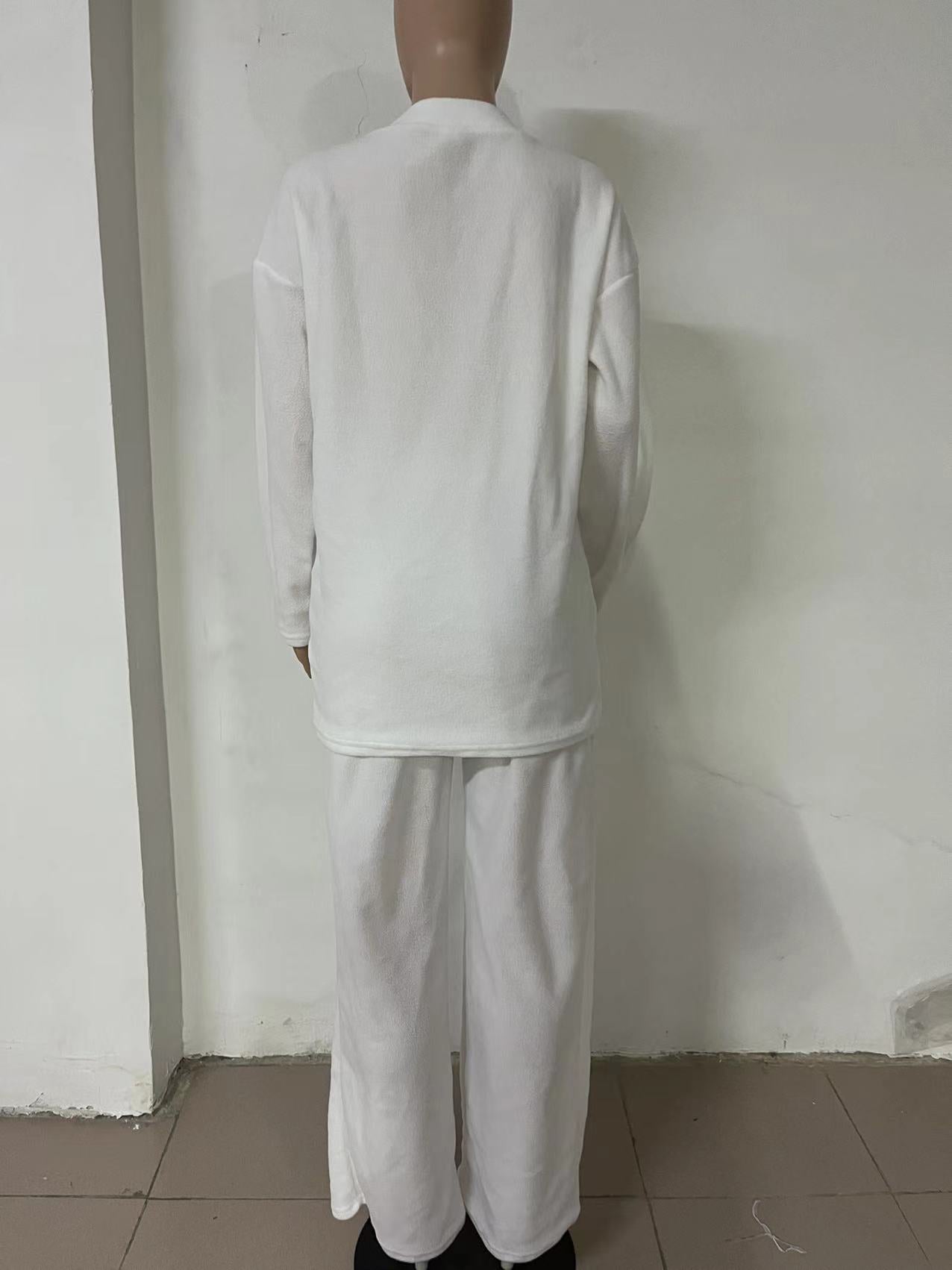 Winter Comfortable Solid Color V-Neck Casual Homewear Warm Two-Piece Pants Set 13