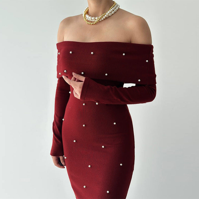 Beaded Off-Shoulder Dress Autumn Chic Slim Evening Gown 4