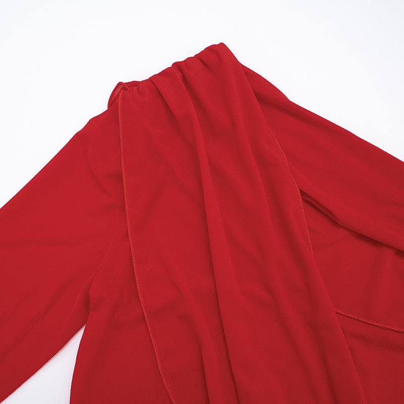 Women Fall Solid Casual Mesh Slash Shoulder Gathered Long-Sleeved Dress 12